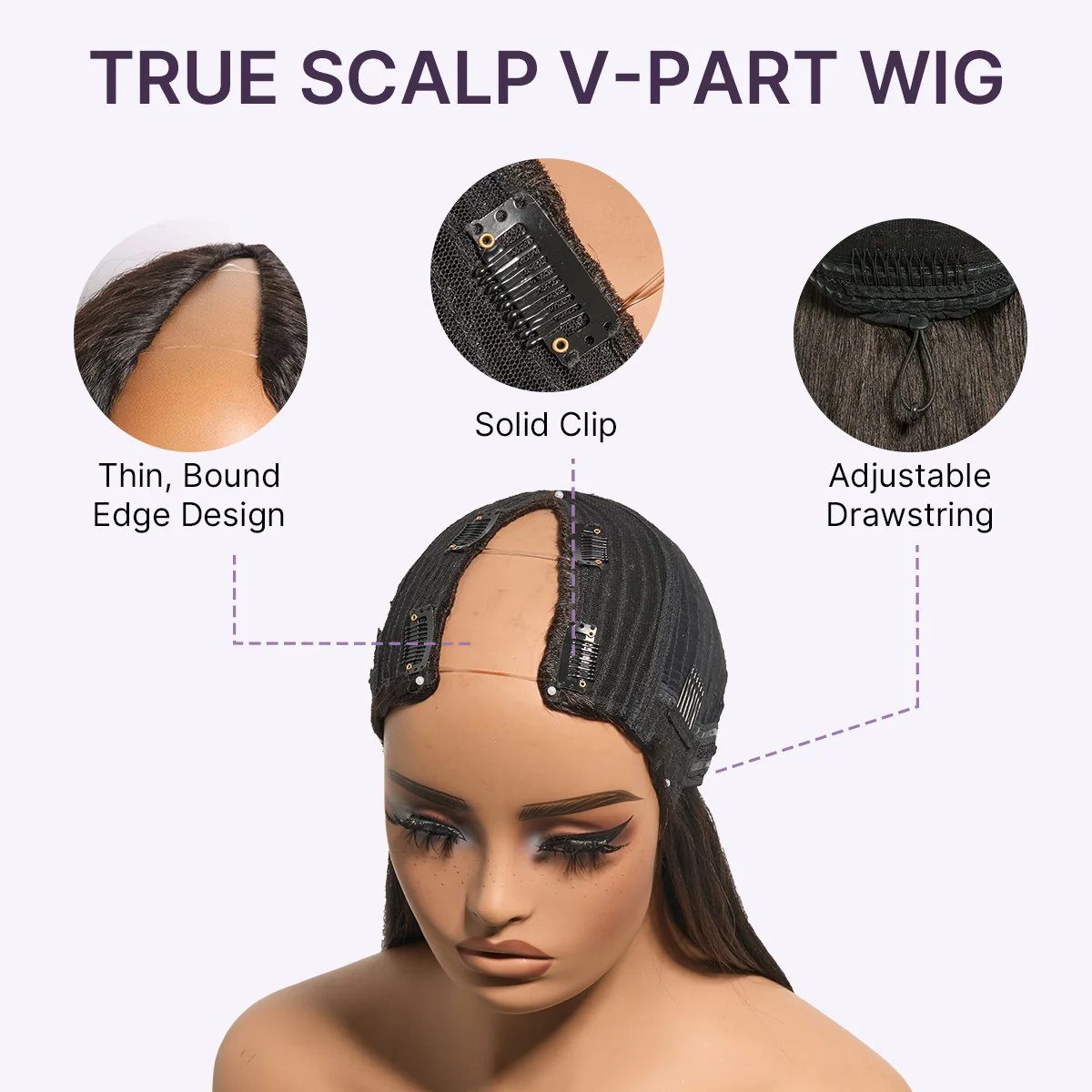 True Scalp Kinky Straight V Part Glueless Human Hair Wig Flexi-Fit Drawstring - Image 7