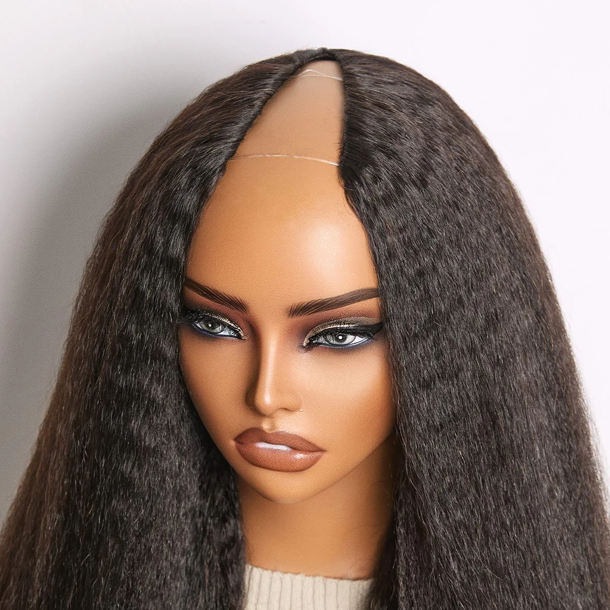 True Scalp Yaki Straight / Kinky Straight V Part Glueless Human Hair Wig Flexi-Fit Drawstring - Image 18