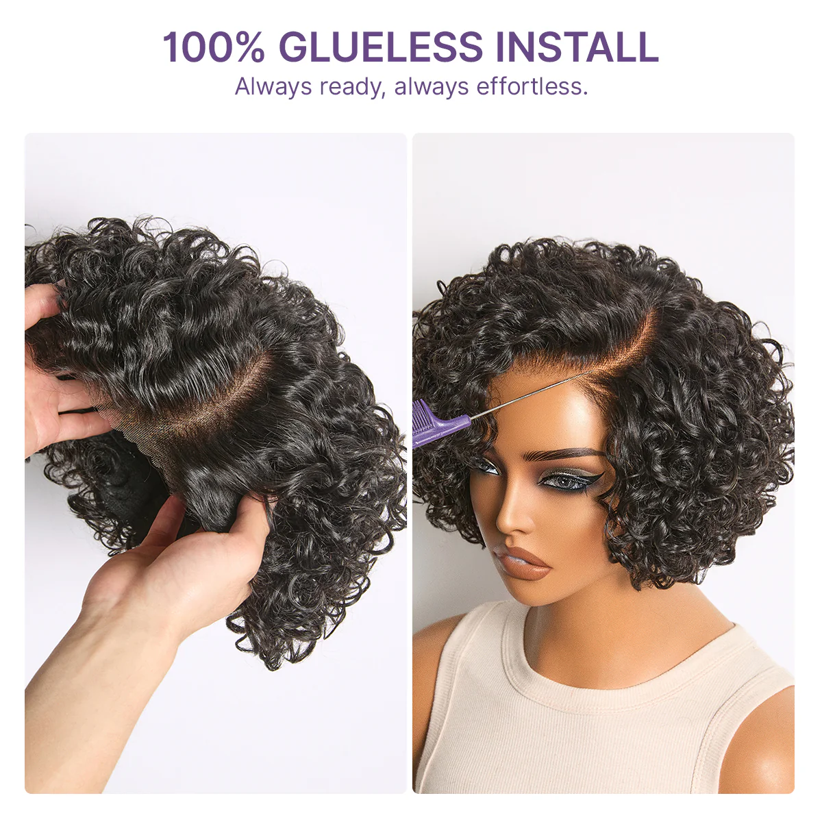 Natural Black / Brown Highlight Water Wave Pixie Cut Glueless Minimalist HD Lace Short Curly Wig - Image 10