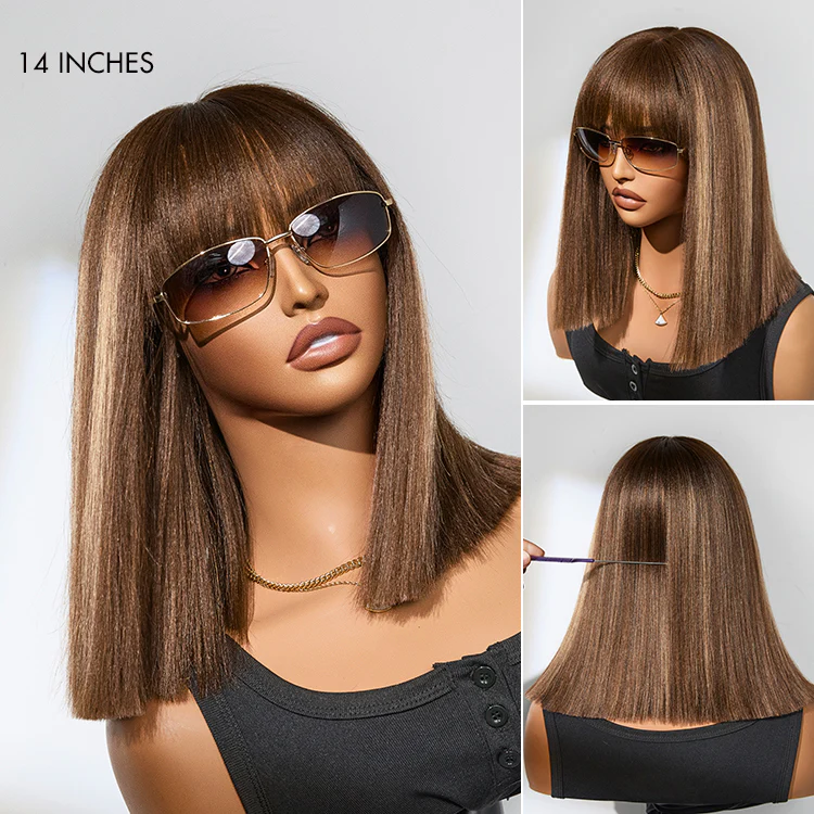 Put On and Go Realistic Glueless Yaki Straight Bob with Bangs Minimalist Lace Wig 100% Human Hair - Image 12