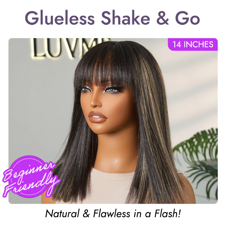 Put On and Go Realistic Glueless Yaki Straight Bob with Bangs Minimalist Lace Wig 100% Human Hair - Image 14