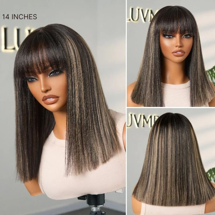 Put On and Go Realistic Glueless Yaki Straight Bob with Bangs Minimalist Lace Wig 100% Human Hair - Image 21