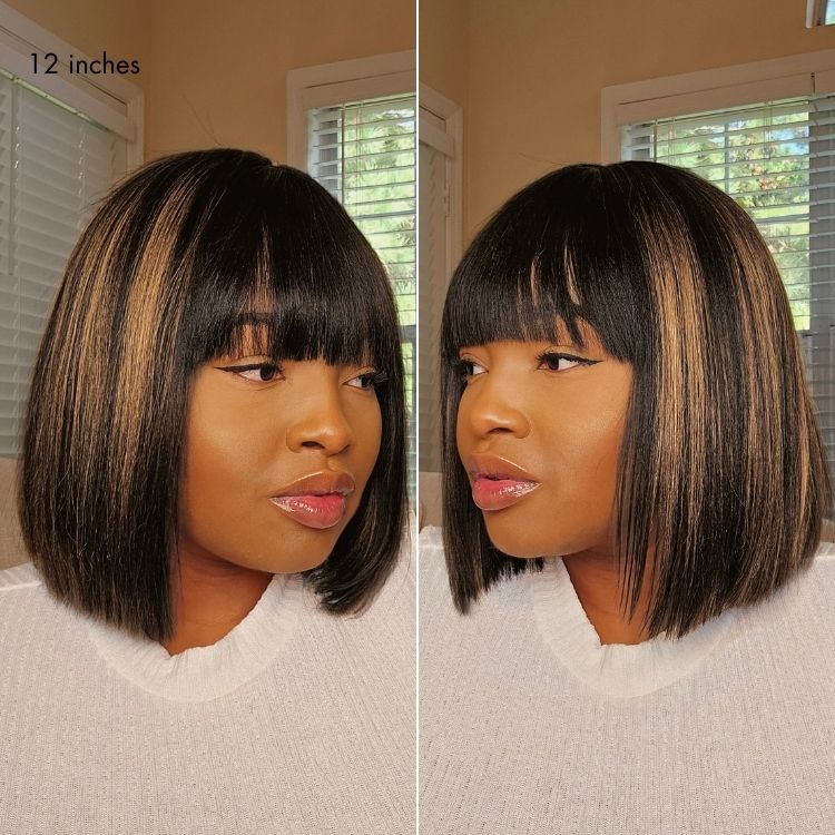 Put On and Go Realistic Glueless Yaki Straight Bob with Bangs Minimalist Lace Wig 100% Human Hair - Image 6