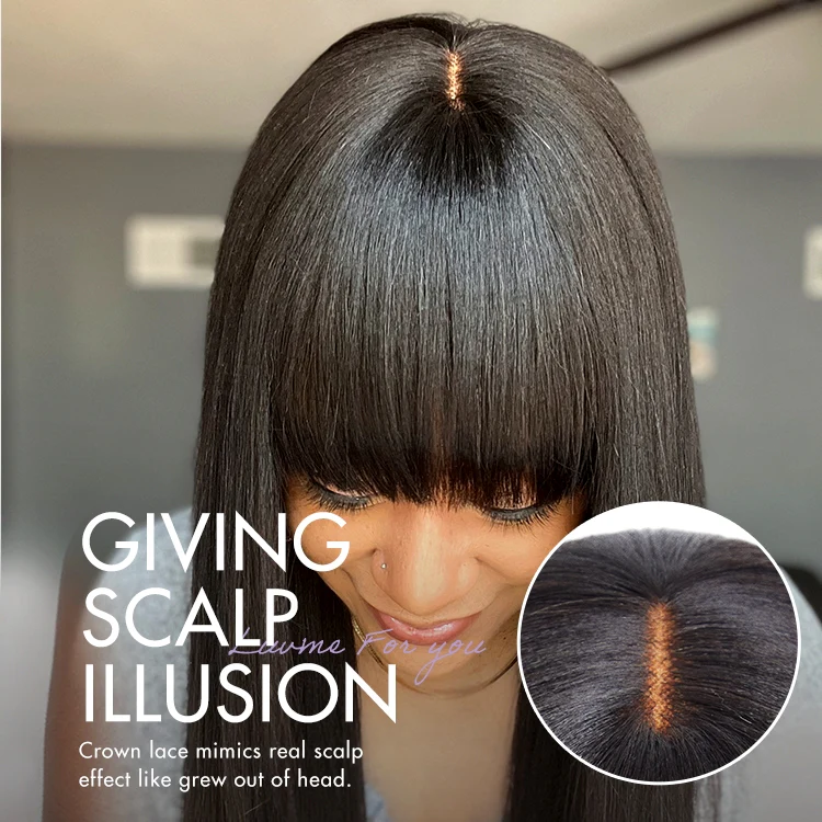 Breathable Cap Yaki Straight Ultra Natural Minimalist Lace Long Wig with Bangs - Image 8